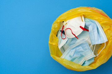 Protective equipment, masks and gloves, on blue background