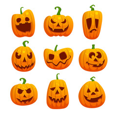 Set of Halloween scary pumpkins. Flat style vector spooky creepy pumpkins