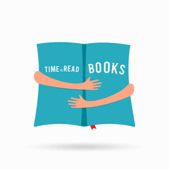 Covered opened book with hands hug. Vector illustration
