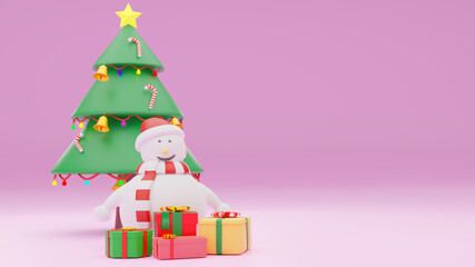 3D illustration rendering. The snow man and the gift boxes on pink scene. Christmas background with snowman and gift boxes. Sweet snow man wearing scarf red.