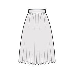 Skirt dirndl technical fashion illustration with below-the-knee lengths, semi-circular fullness, thick waistband . Flat bottom apparel template front, grey color style. Women, men, unisex CAD mockup