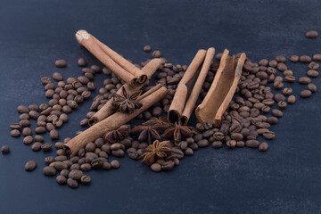 cinnamon sticks and coffee beans. Top view.