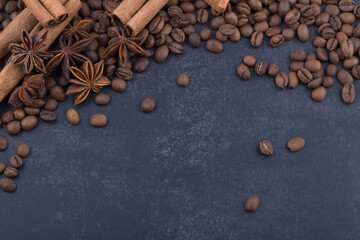 cinnamon sticks and coffee beans. Top view.
