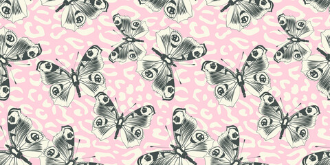 Naklejka premium Seamless vector multicolor butterflies pattern. Butterfly on leopard print. Trendy animal motif wallpaper. Fashionable background for fabric, textile, design, banner, cover, web etc.