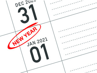 Close up of first day of the year 2021 on diary calendar, simple and clean design vector. 
