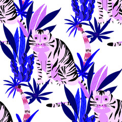 Obraz premium Creative seamless pattern with tiger in tropical forest. Bright summer print for any purposes. Trendy style. 
