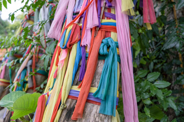 The multi-colored cloth wrapped on the timber, according to the Thai Buddhist belief