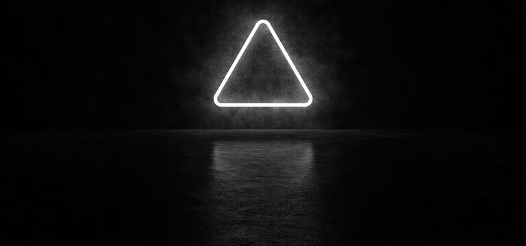 Glowing neon sign in the form of a pyramid on the background of a concrete wall. 3D Render.