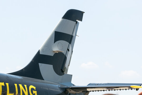 Bangkok, Thailand-March 23, 2013:The Acrobatic Breitling Jet Team performed at the event of Breitling Jet Team Under The Royal Sky at Royal Thai Air Force Base Donmuang by L-39C Albatross jet trainer