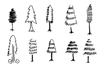 doodle park forest conifer abstract silhouettes outlined trees in black color collection set