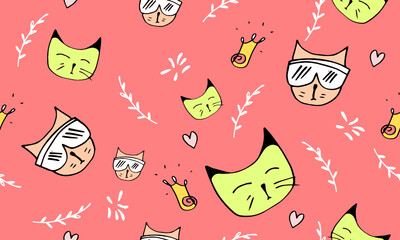 Seamless childish pattern with cute cats.Creative childish pink texture. Great for fabric, textile Vector Illustration.