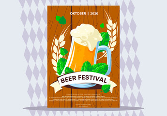 Vector illustration of a poster template for a beer festival, a beer mug with beer hop seeds on a wooden background