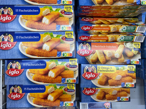 Viersen, Germany - July 9. 2020: Closeup of isolated boxes with captain iglo frozen fish sticks in cooling counter