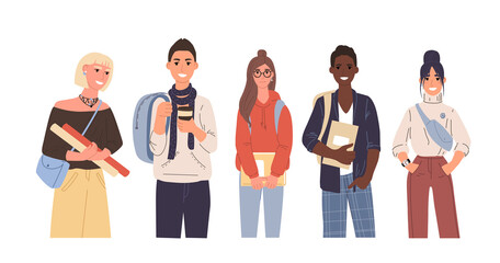 Obraz premium Group of international students. Boys and girls holding books. Flat vector illustration isolated characters.