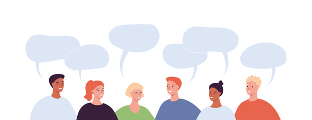 Diversity community concept. Vector flat people illustration. Crowd of man and woman diverse multiethnic people chat. Talk bubble sign. Contemporary style. Design element for banner, web infographic.