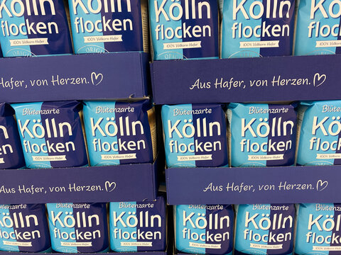 Viersen, Germany - July 9. 2020: View on isolated stack K&ouml;lln oat flakes  in german supermarket