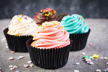 Tasty colorful cupcakes isolated on grey background. Delicious cupcake