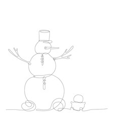 Christmas Snowman. Vector Single line illustration. 
