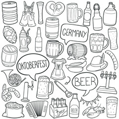 Oktoberfest Beers doodle icon set. Germany Vector illustration collection. Banner Hand drawn Line art style.