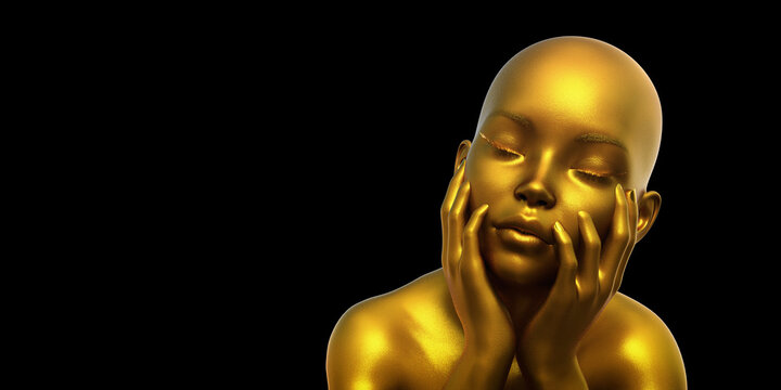 3d model portrait of a bald golden woman on a black background