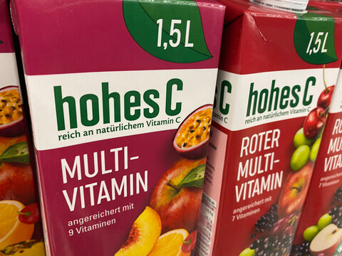 Viersen, Germany - July 9. 2020: View on hohes c multivitamin juice carton boxes in shelf of german supermarket