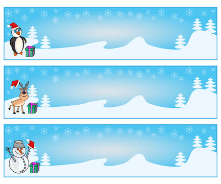 Set of Christmas horizontal banners with penguin, snowman and deer. Collection of Christmas and New Year greeting cards with copy space. Noel frame on winter snow landscape. Stock vector illustration