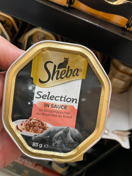 Viersen, Germany - July 9. 2020: View on sheba cat food box in shelf of german supermarket