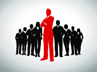 Leader in front of large team of successful executives. A large team of successful executives in silhouettes led by a great leader in red who stands in front of them.