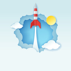 Paper art style of rocket flying to the sky through the clouds, Start up business concept