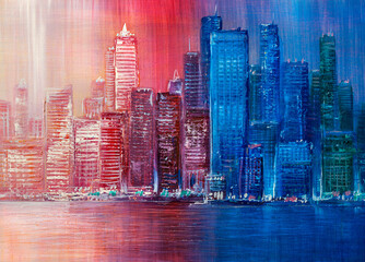 Megapolis background with buildings,red skyscrapers.