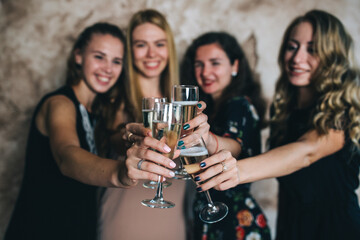Photo session of the four sisters. Hen party in the studio.
