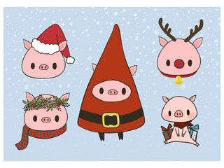 Set of christmas costume pigs on a snow background. Holidays character design. Vector illustration, Cartoon doodle style.