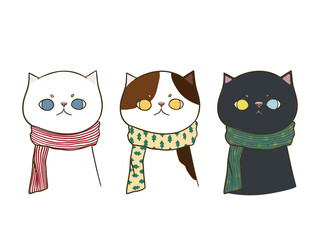 Set of three hand drawn cute cats wearing a scarf, Isolated on white background. Character design. Vector illustration, Cartoon doodle style.