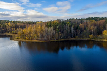 Fototapeta na wymiar Deciduous autumn forest, reflected in the calm water of Lake Ladoga, against a blue sky with a few white clouds