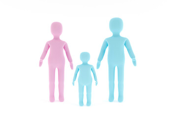 Abstract 3D Father, mother and son portrait. Stick figure family, 3d render