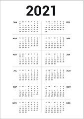 Calendar year 2021 calendar vector design template, simple and clean design