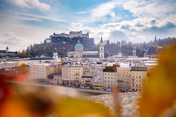 European city trip: Salzburg old city in autumn, colorful sunshine, Austria - obrazy, fototapety, plakaty