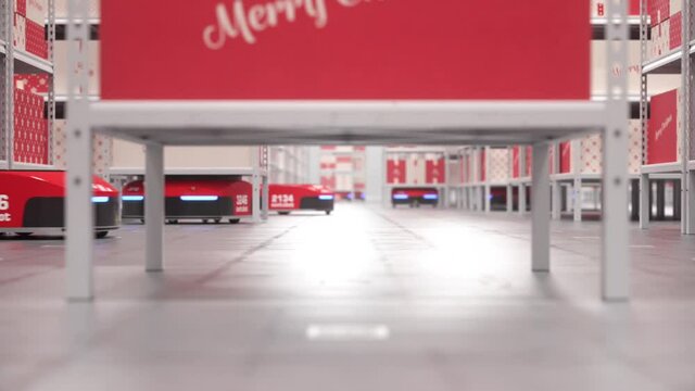 Autonomous santa robots moving shelves with christmas presents in automated warehouse. Seamless looping POV shot. Warehouse of the future concept. Realistic high quality 3d rendering animation.