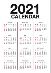 Calendar year 2021 calendar vector design template, simple and clean design