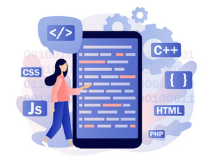 Programming and engineering development. Tiny woman programmer or developer create code programming language. PHP,HTML, C++, CSS, Js. Modern flat cartoon style. Vector illustration on white background