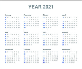 Calendar year 2021 calendar vector design template, simple and clean design