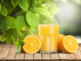 Orange juice and slices of orange on wooden desk