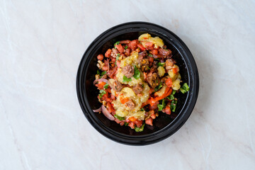 Panzanella, Traditional Italian Salad with Roasted Aubergine, Eggplant, Tomatoes and Crouton Bread