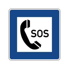 Emergency telephone road sign. Vector illustration of blue square traffic sign with black telephone handset icon inside. Phone call symbol isolated on white background used in Germany.