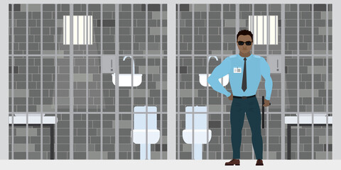 Fototapeta na wymiar African american security guard near empty prison cell. Cartoon policeman in uniform. Jail cell staff, prison interior with furniture.