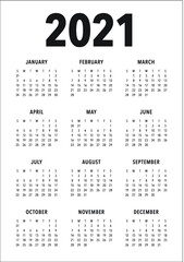 Calendar year 2021 calendar vector design template, simple and clean design