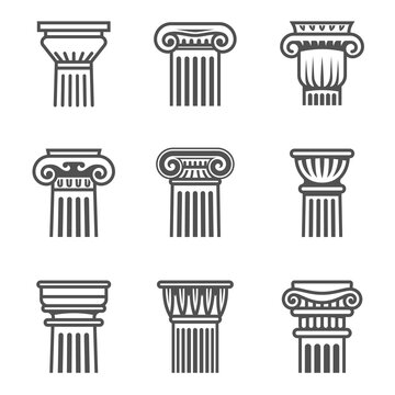 Set of ancient columns icon in black and white colors.