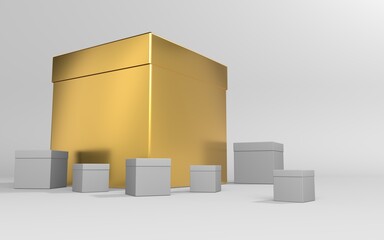 Best gift. Large golden packing box on a background of small ones. Leader concept. 3D rendering