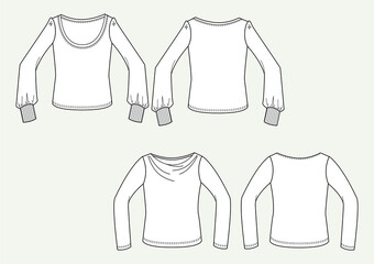 T-shirt donna manica lunga scollo tondo disegno piatto sketch fashion illustration fronte e retro mock up vettoriale