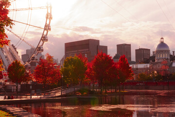 A beautiful sunset time overlooking the city and a Ferris wheel in Old Montreal Canada